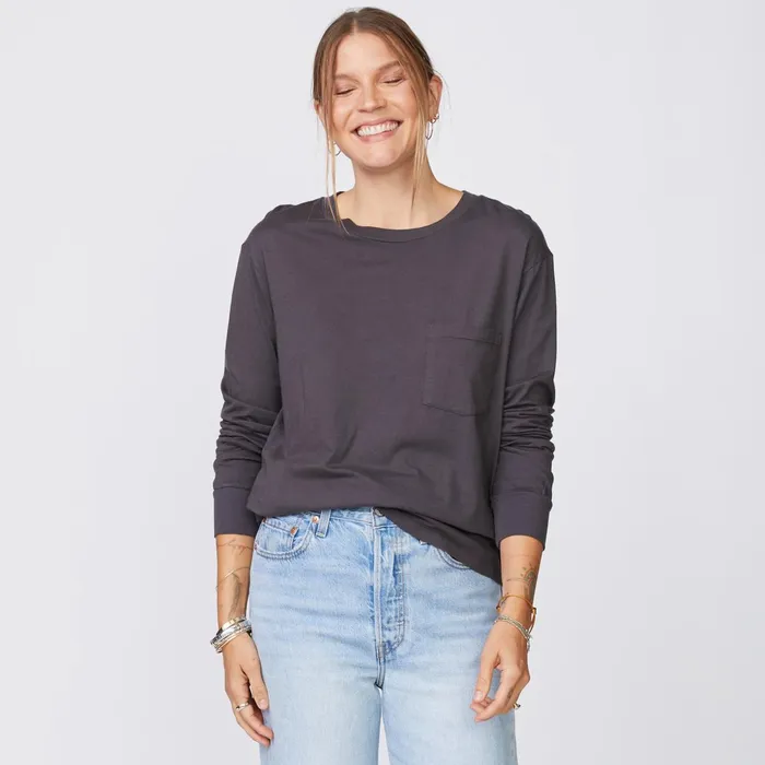 Women Long Sleeve MONROW Long Sleeve ExBoyfriend Pocket Crew Faded Black