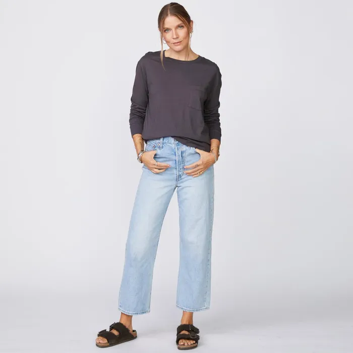 Women Long Sleeve MONROW Long Sleeve ExBoyfriend Pocket Crew Faded Black