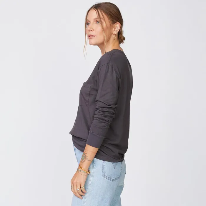 Women Long Sleeve MONROW Long Sleeve ExBoyfriend Pocket Crew Faded Black