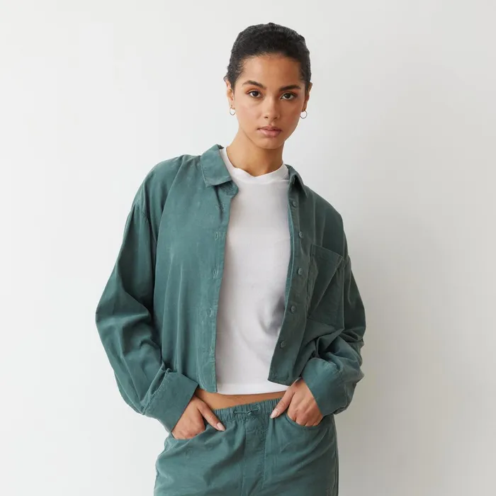 Women Long Sleeve MONROW Mini Corduroy Cropped Shirt Cactus