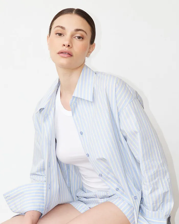 Women Long Sleeve MONROW Stripe Poplin Oversized Shirt Blue Yellow Stripes