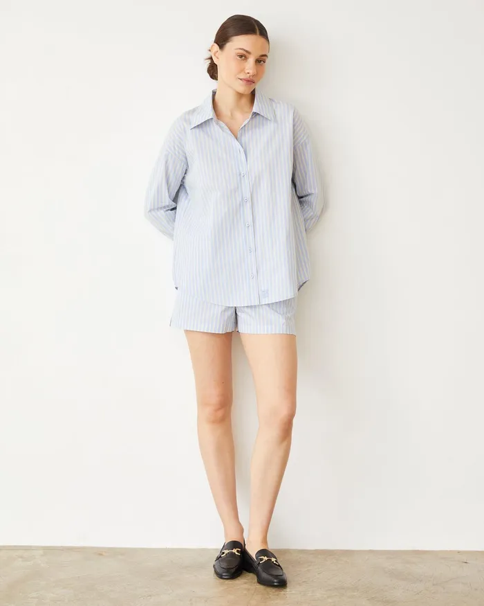 Women Long Sleeve MONROW Stripe Poplin Oversized Shirt Blue Yellow Stripes