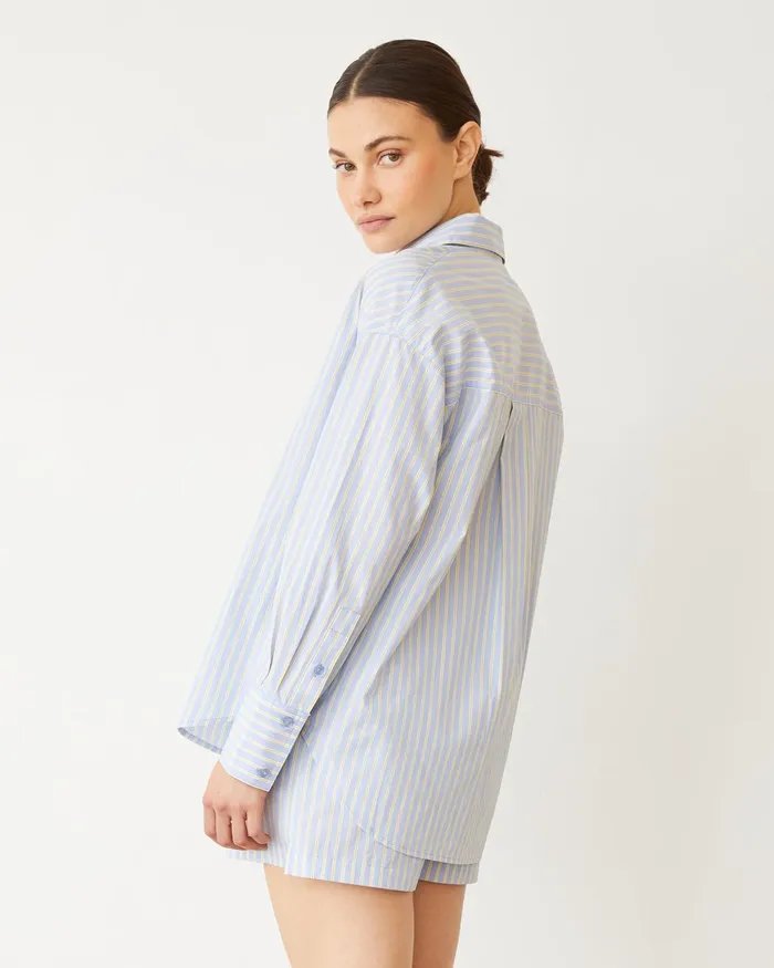 Women Long Sleeve MONROW Stripe Poplin Oversized Shirt Blue Yellow Stripes