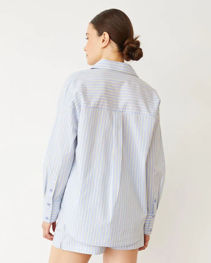 Women Long Sleeve MONROW Stripe Poplin Oversized Shirt Blue Yellow Stripes