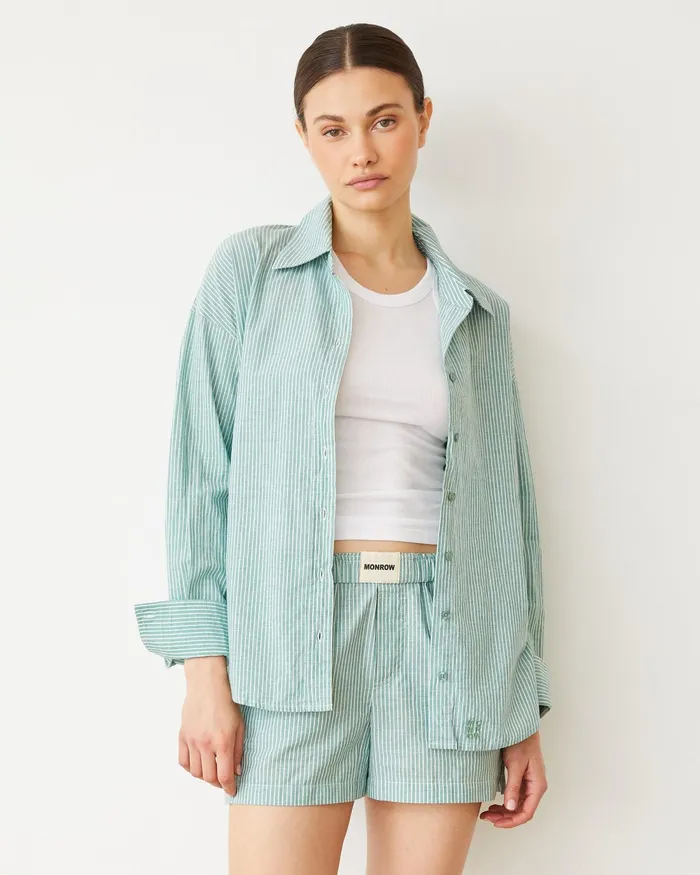 Women Long Sleeve MONROW Stripe Poplin Oversized Shirt Cactus