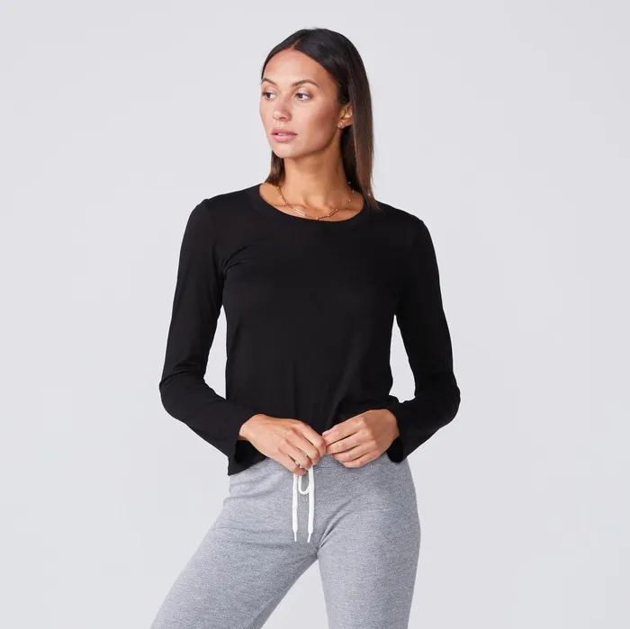 Women Long Sleeve MONROW Super Fine Jersey Fitted Long Sleeve Crew Black