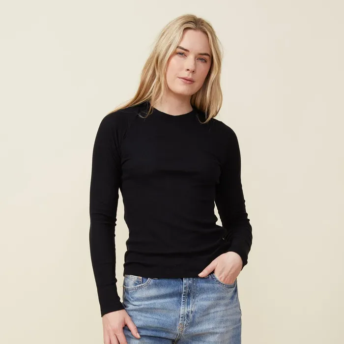 Women Long Sleeve MONROW Supima Rib Long Sleeve Crew Black