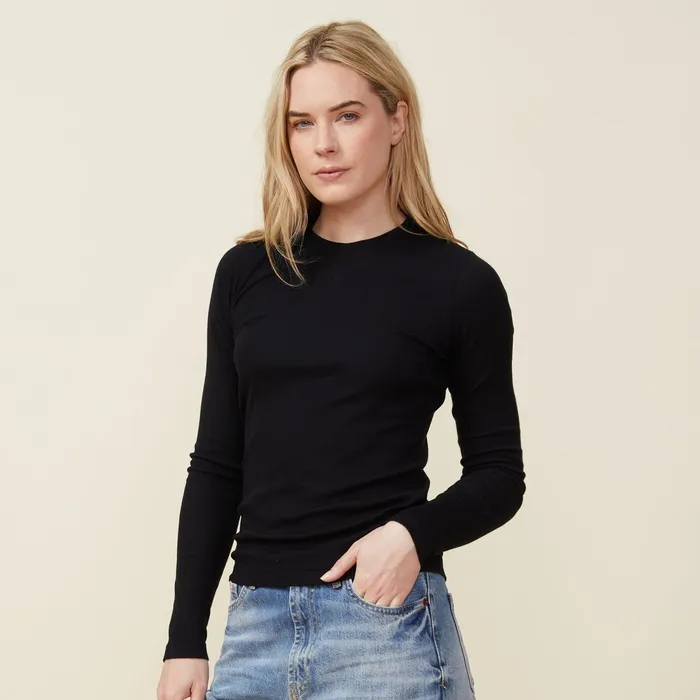 Women Long Sleeve MONROW Supima Rib Long Sleeve Crew Black