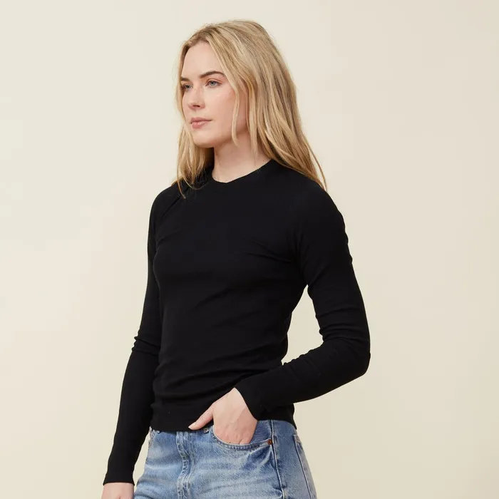 Women Long Sleeve MONROW Supima Rib Long Sleeve Crew Black