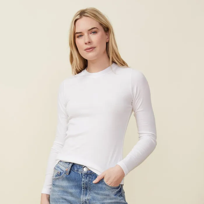 Women Long Sleeve MONROW Supima Rib Long Sleeve Crew White
