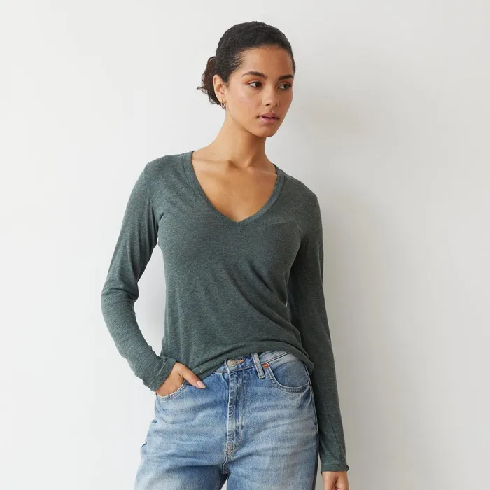 Women Long Sleeve MONROW Textured Tri Blend Long Sleeve V Cactus