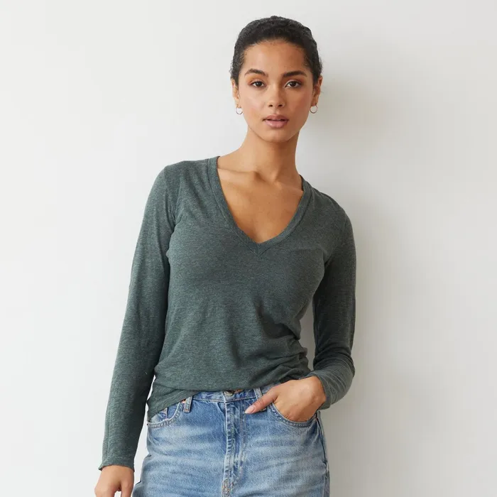 Women Long Sleeve MONROW Textured Tri Blend Long Sleeve V Cactus
