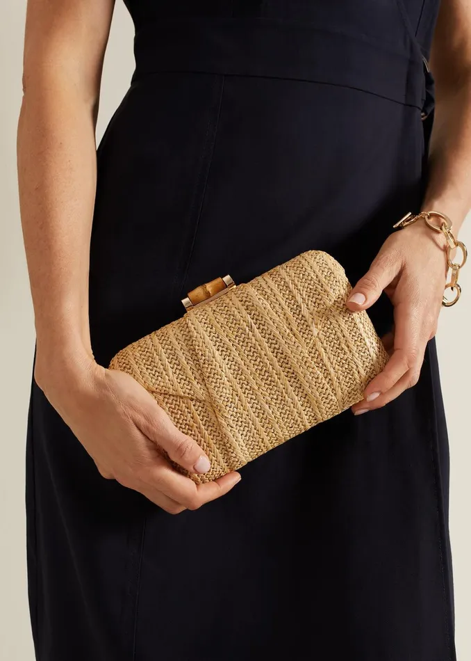 Women Phase Eight Bags and Clutches Stuctured Raffia Clutch Bag Neutral