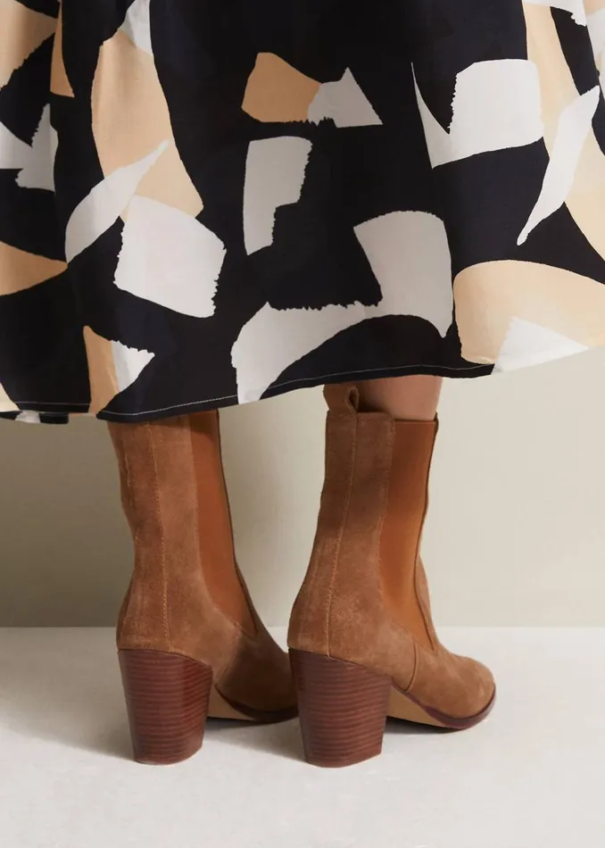 Women Phase Eight Boots Brown Suede Cowboy Boots Tan