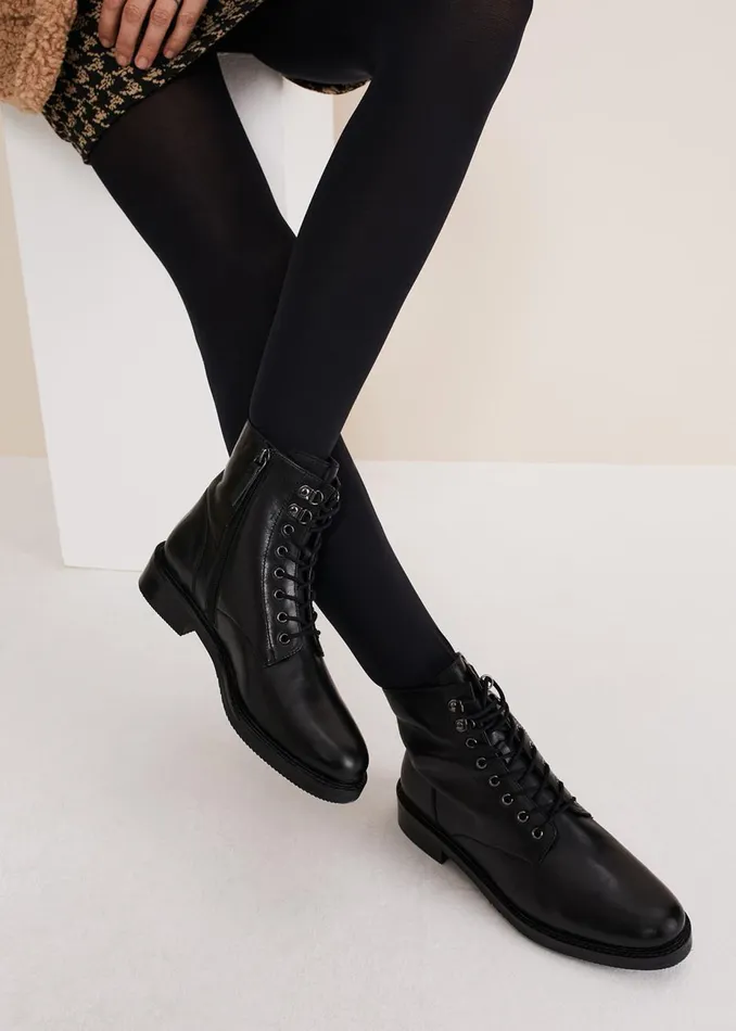 Women Phase Eight Boots Lace Up Leather Flat Boots Black