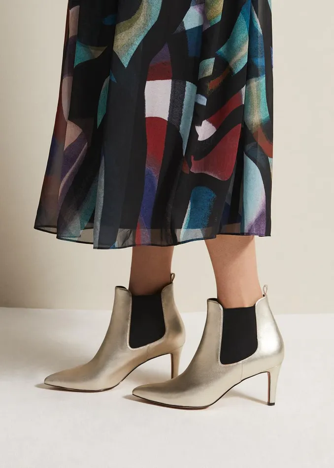 Women Phase Eight Boots Leather Metallic Ankle Boots Gold