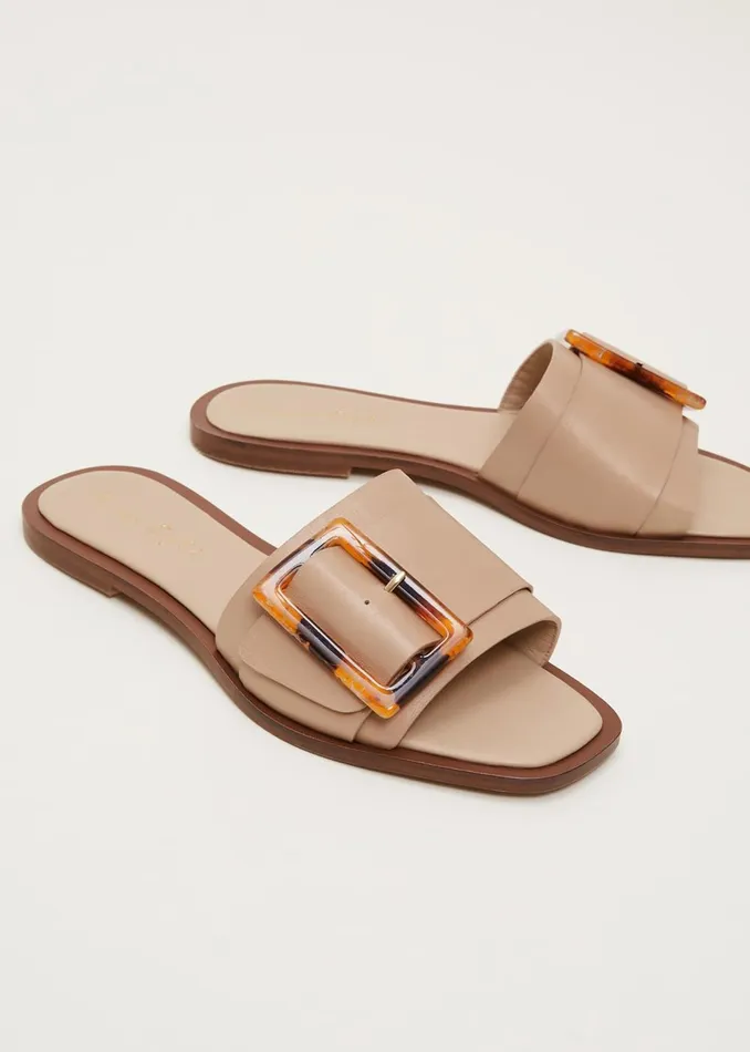 Women Phase Eight Flats Leather Buckle Flat Sandals Neutral