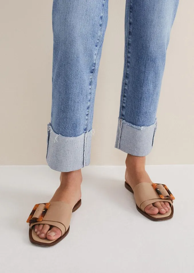 Women Phase Eight Flats Leather Buckle Flat Sandals Neutral