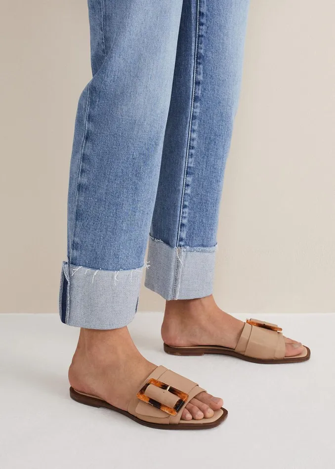 Women Phase Eight Flats Leather Buckle Flat Sandals Neutral