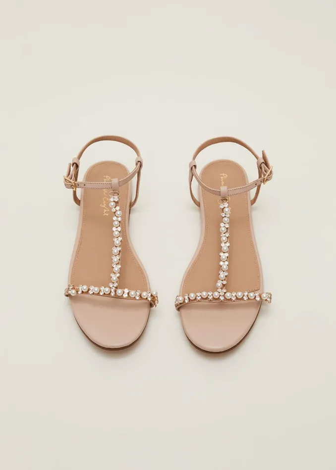 Women Phase Eight Flats Leather Jewel Trim Flat Sandal Neutral