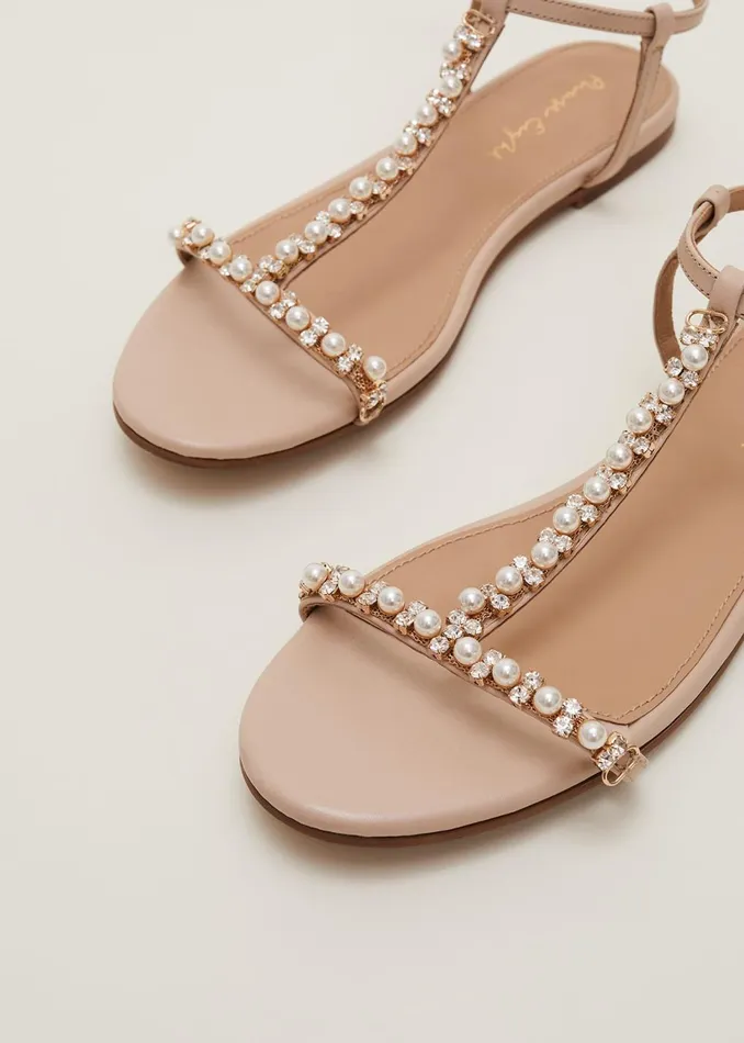 Women Phase Eight Flats Leather Jewel Trim Flat Sandal Neutral