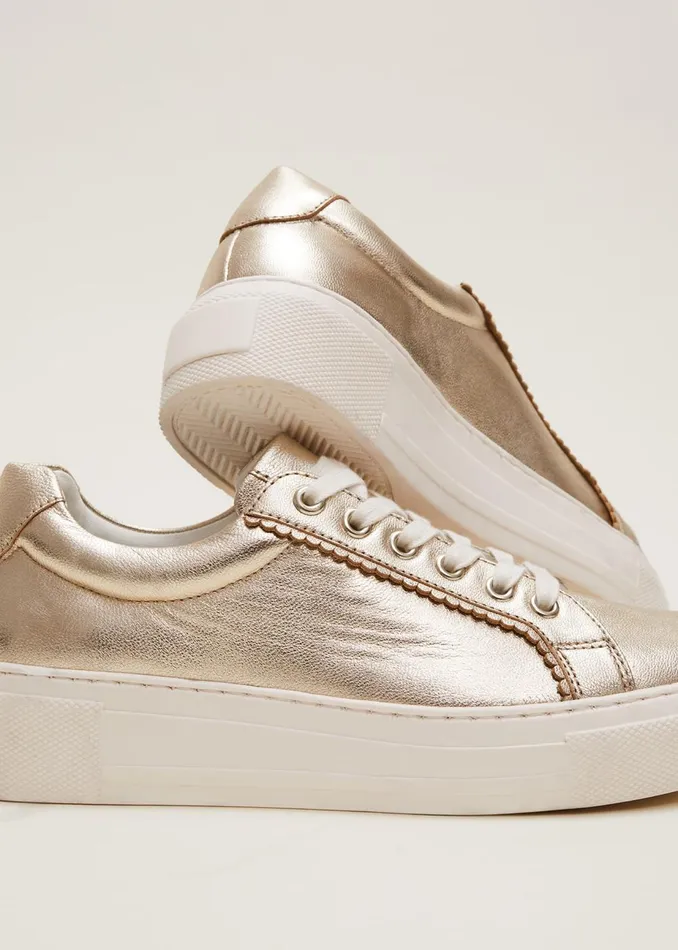 Women Phase Eight Flats Leather Platform Trainers Gold