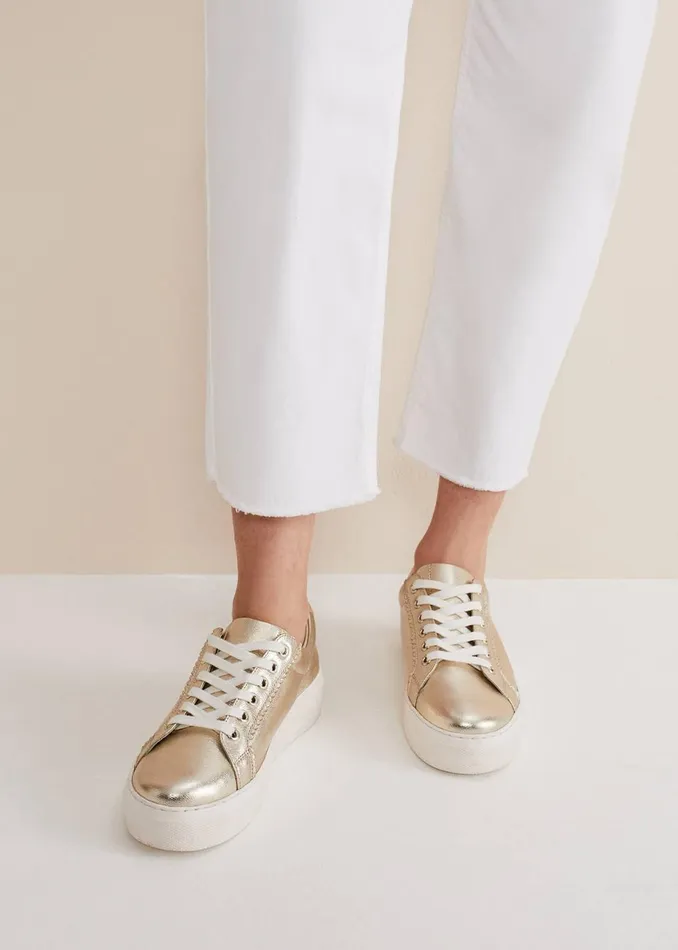 Women Phase Eight Flats Leather Platform Trainers Gold
