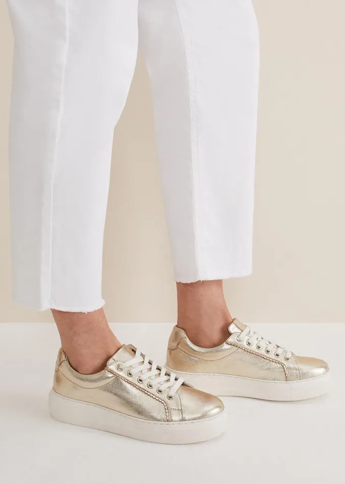 Women Phase Eight Flats Leather Platform Trainers Gold