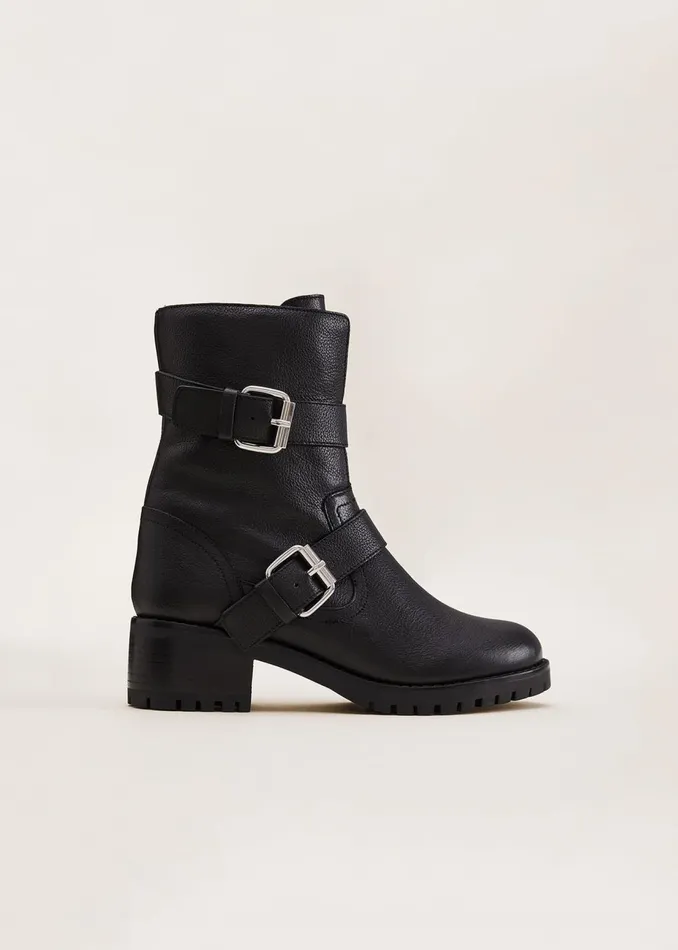 Women Phase Eight Heels Alaska Black Leather Biker Boots Black