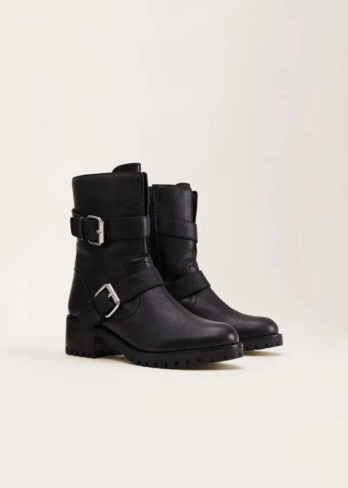 Women Phase Eight Heels Alaska Black Leather Biker Boots Black