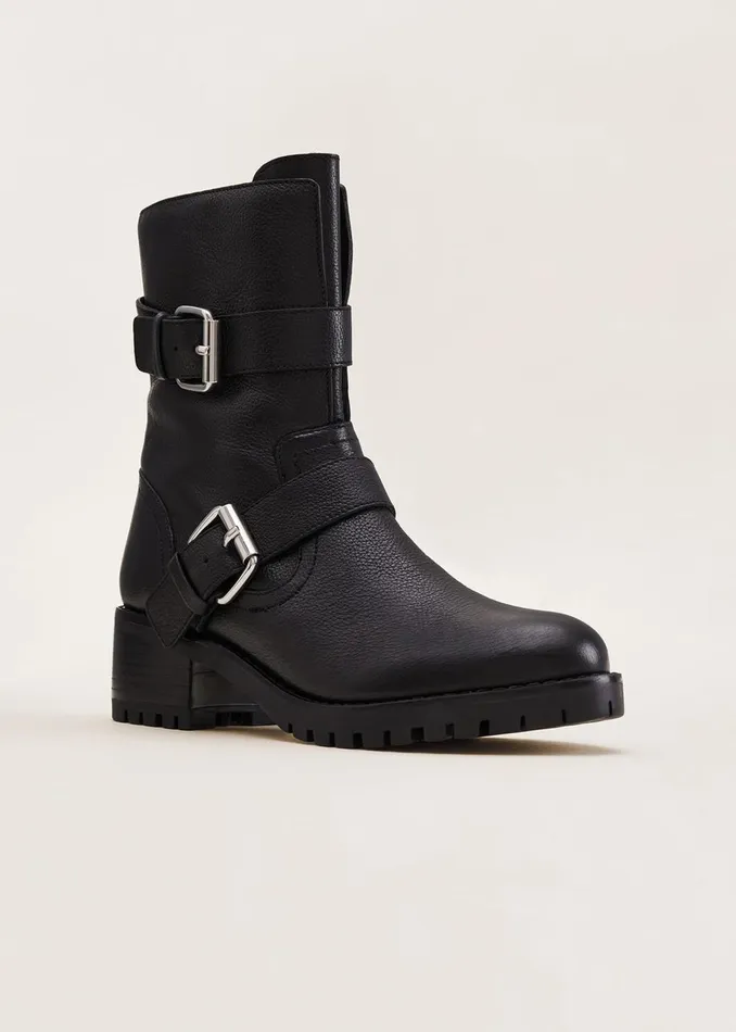 Women Phase Eight Heels Alaska Black Leather Biker Boots Black