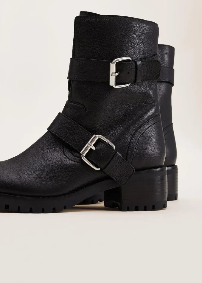 Women Phase Eight Heels Alaska Black Leather Biker Boots Black