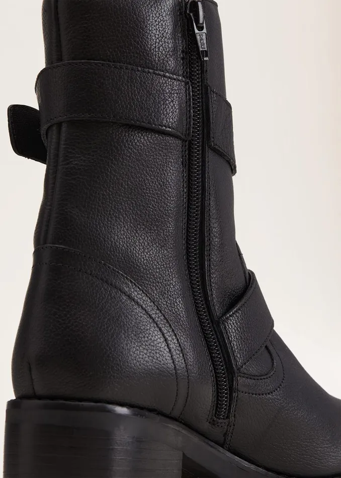 Women Phase Eight Heels Alaska Black Leather Biker Boots Black