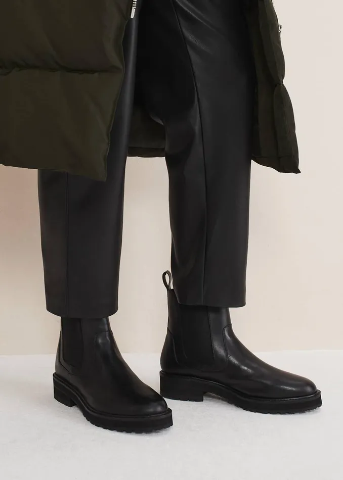 Women Phase Eight Heels Casual Leather Pull On Ankle Boots Black
