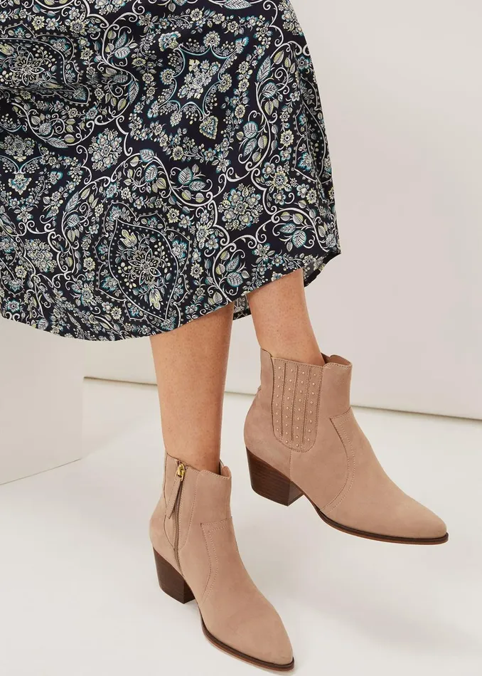 Women Phase Eight Heels Cowboy Suede Ankle Boots Stone