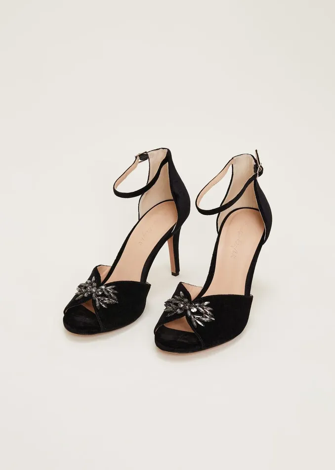 Women Phase Eight Heels Jewel Front Velvet Sandal Black