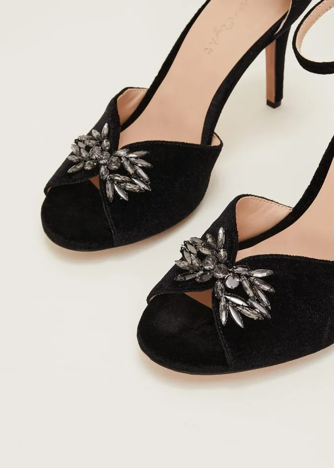 Women Phase Eight Heels Jewel Front Velvet Sandal Black