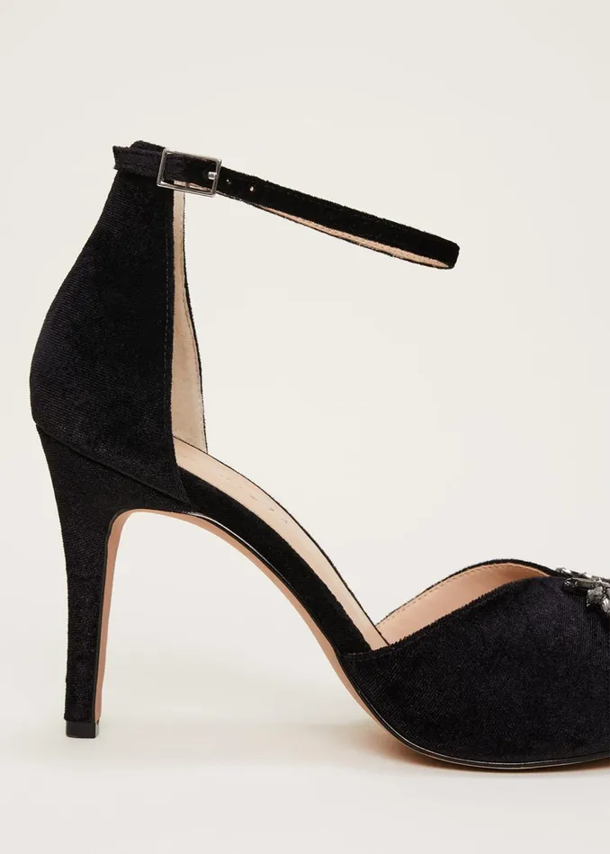 Women Phase Eight Heels Jewel Front Velvet Sandal Black