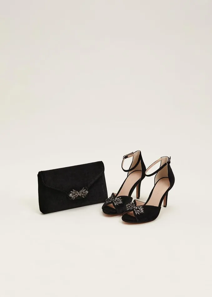 Women Phase Eight Heels Jewel Front Velvet Sandal Black