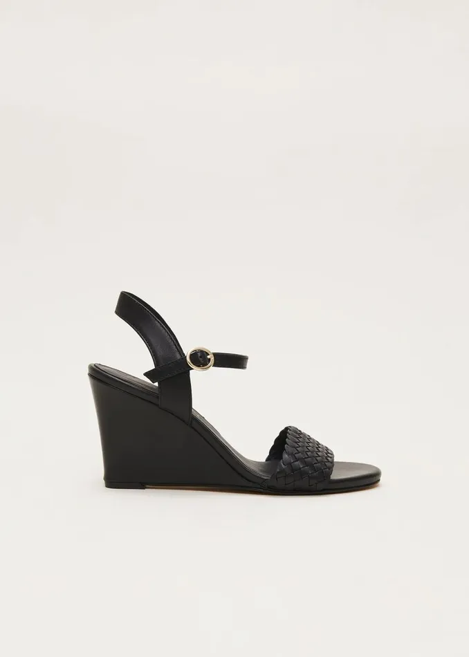 Women Phase Eight Heels Leather Plait Strap Shoes Black