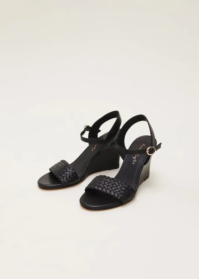 Women Phase Eight Heels Leather Plait Strap Shoes Black