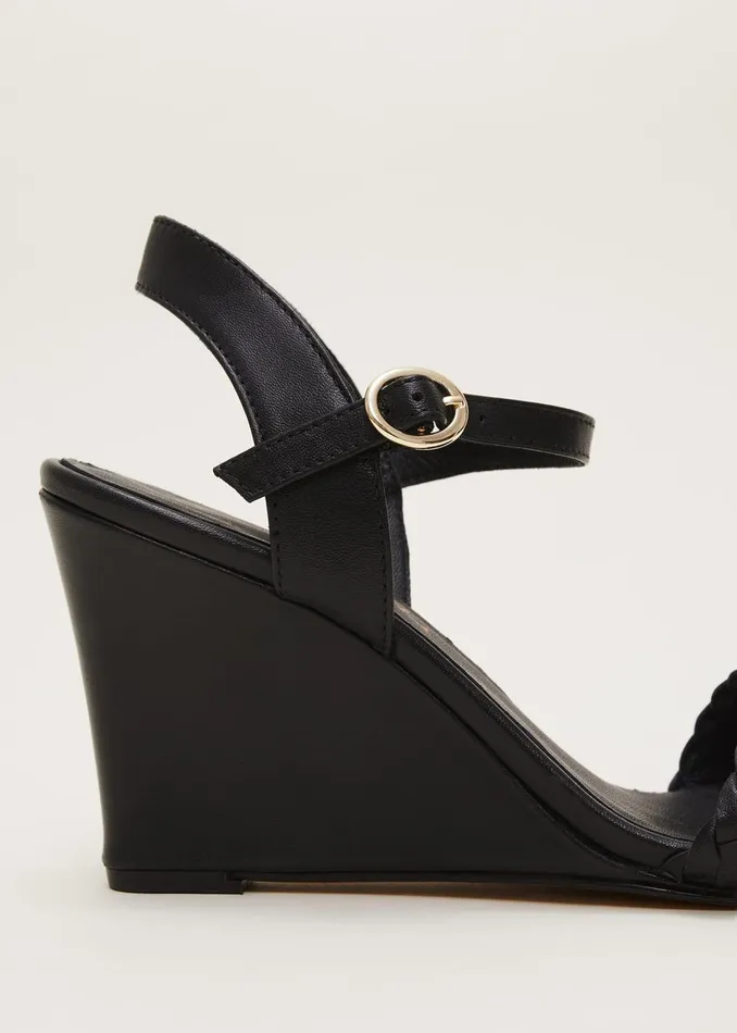 Women Phase Eight Heels Leather Plait Strap Shoes Black