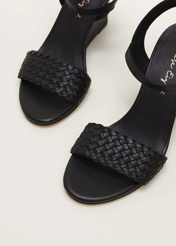 Women Phase Eight Heels Leather Plait Strap Shoes Black