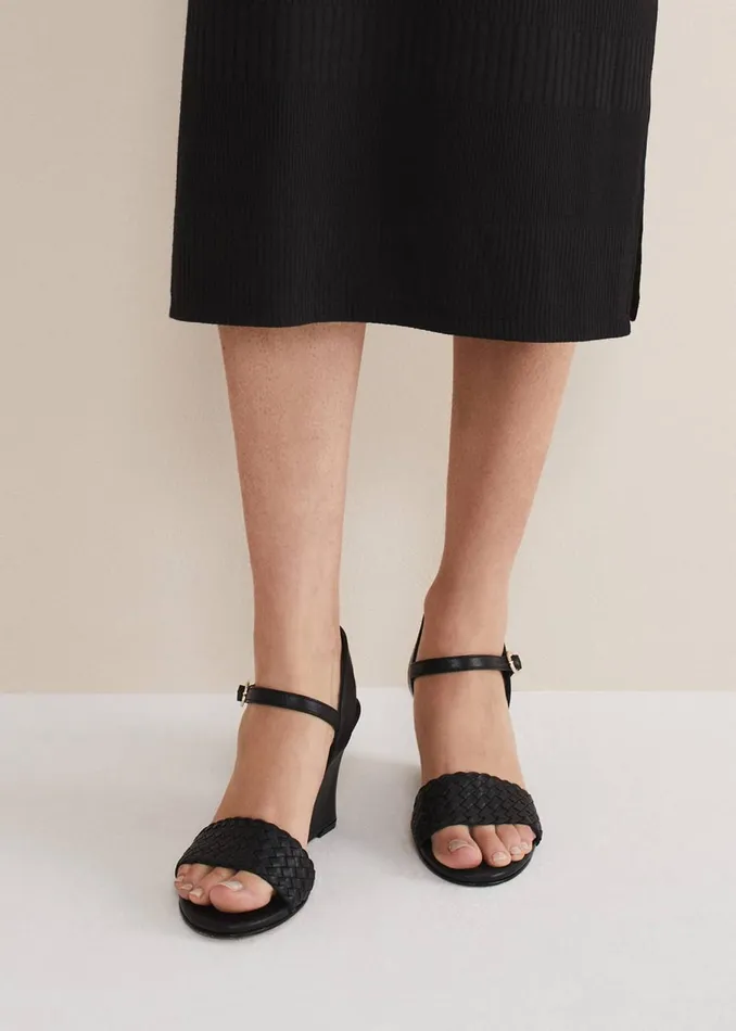 Women Phase Eight Heels Leather Plait Strap Shoes Black