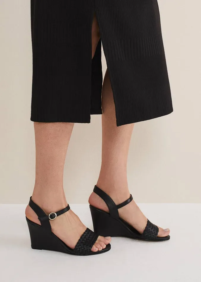 Women Phase Eight Heels Leather Plait Strap Shoes Black