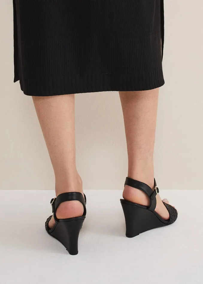 Women Phase Eight Heels Leather Plait Strap Shoes Black