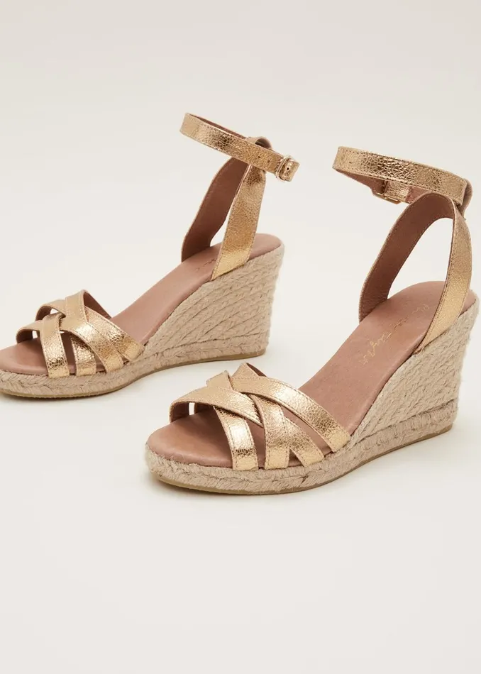Women Phase Eight Heels Leather Strappy Espadrille Gold