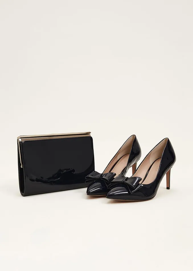 Women Phase Eight Heels Patent Bow Court Shoe Navy