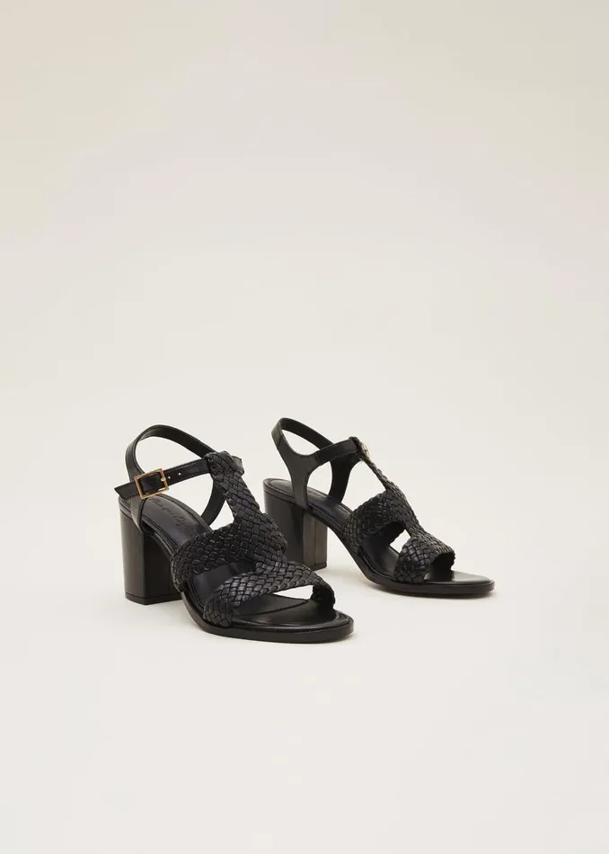 Women Phase Eight Heels Plaited T Bar Heeled Sandal Shoe Black