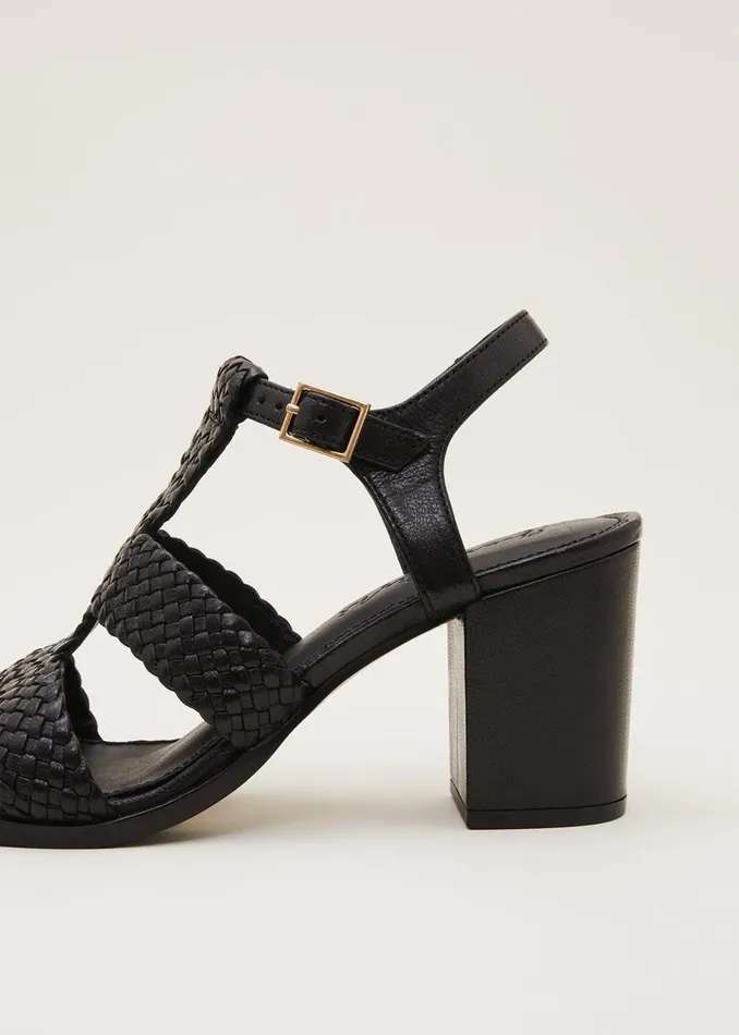 Women Phase Eight Heels Plaited T Bar Heeled Sandal Shoe Black